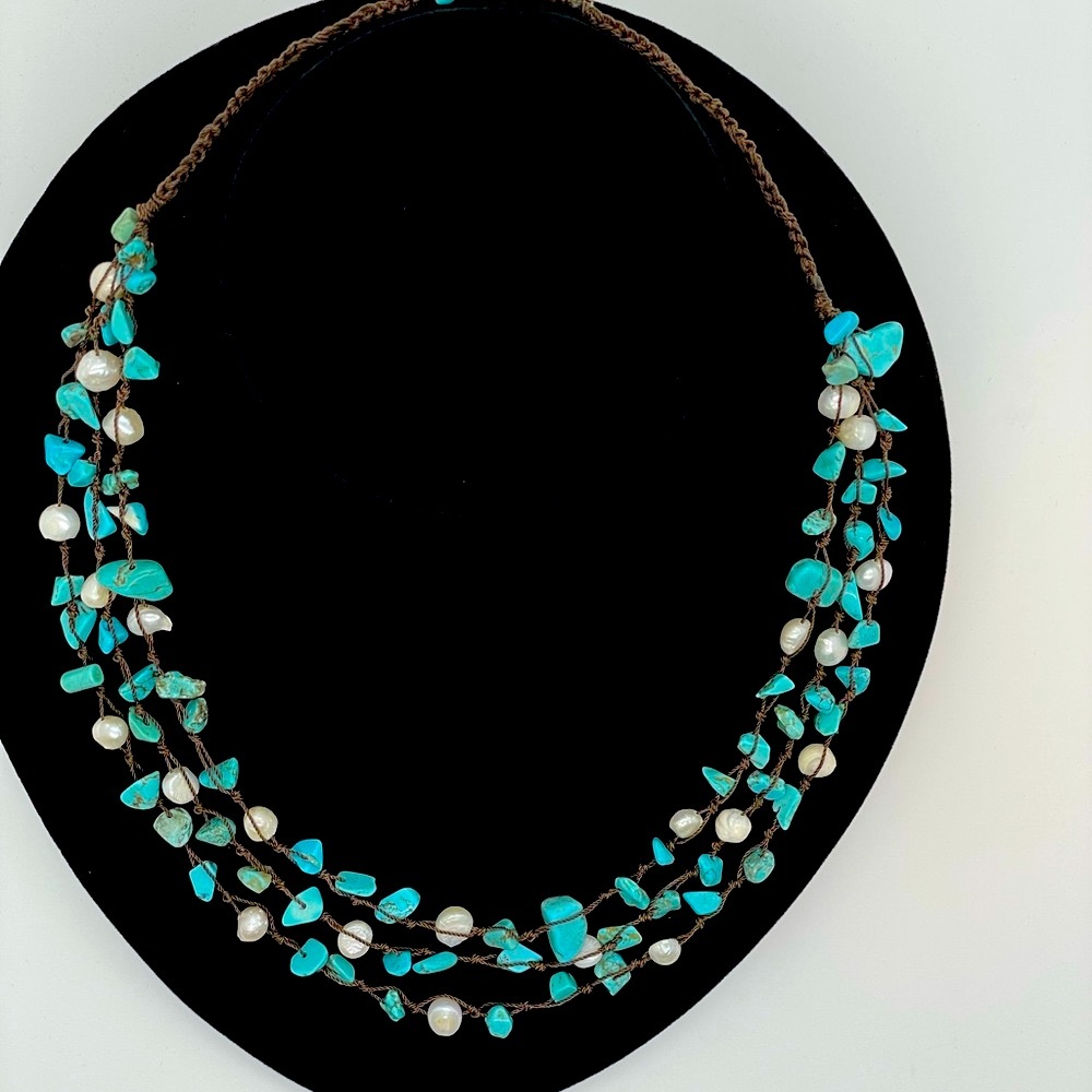 Crocheted three strand fresh water pearl and turquoise necklace